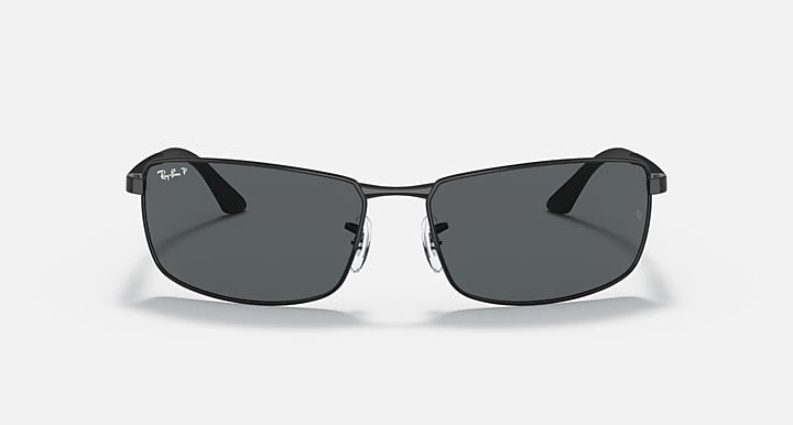 Ray-Ban RB3498 sunglasses with dark gray lenses and matte black frame, front view