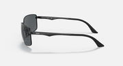 Ray-Ban RB3498 sunglasses with dark gray lenses and black frame, side profile view