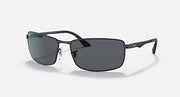 Ray-Ban RB3498 sunglasses with dark gray lenses and matte black frame, angled front view