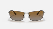 Ray-Ban RB3498 sunglasses, square brown tinted lenses with silver-tone metal frame, front view