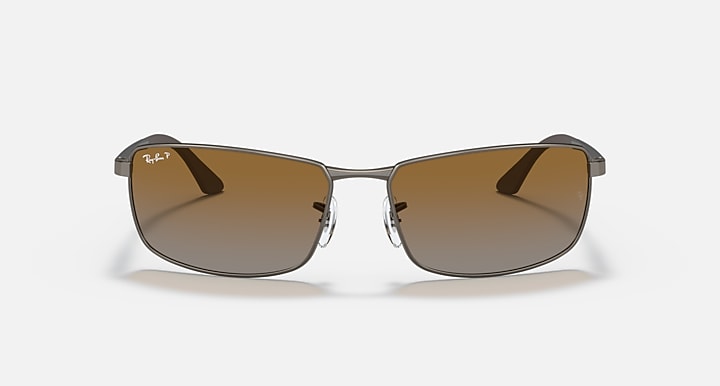 Ray-Ban RB3498 sunglasses, square brown tinted lenses with silver-tone metal frame, front view