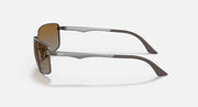 Ray-Ban RB3498 sunglasses with brown lenses and silver-tone metal frame, angled side view
