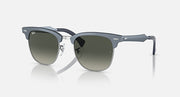 Ray-Ban clubmaster aluminum sunglasses with dark green lenses and metal frame, side-front view