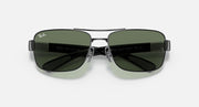 Green tinted sunglasses with dark metal frame, straight-on view of both lenses.