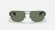 Green-lens sunglasses with dark metal frame, front view with shield-shaped lenses.