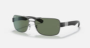 Green-lens sunglasses with dark metal frame and rectangular square front.