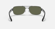 Ray-Ban RB3522 square sunglasses with gunmetal frame and dark green lenses