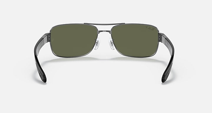 Ray-Ban RB3522 square sunglasses with gunmetal frame and dark green lenses