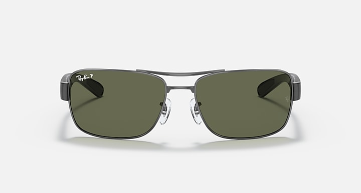 Ray-Ban RB3522 square sunglasses front view, gunmetal frame, dark green lenses