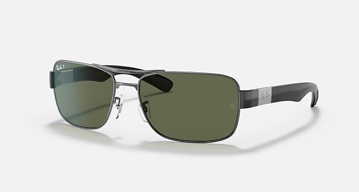 Ray-Ban RB3522 square sunglasses with gunmetal frame and dark green lenses