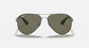 Aviator sunglasses with matte silver frame and dark green polarized lenses, front view