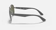 Aviator sunglasses side view with matte silver frame and dark green lens tint
