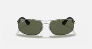 Sunglasses with dark green lenses, thin metal rims, and black top accents