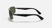 Black sunglasses with dark green lenses and side temple detail