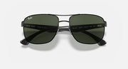 Ray-Ban RB3533 sunglasses with dark green lenses and logo text on metal arms