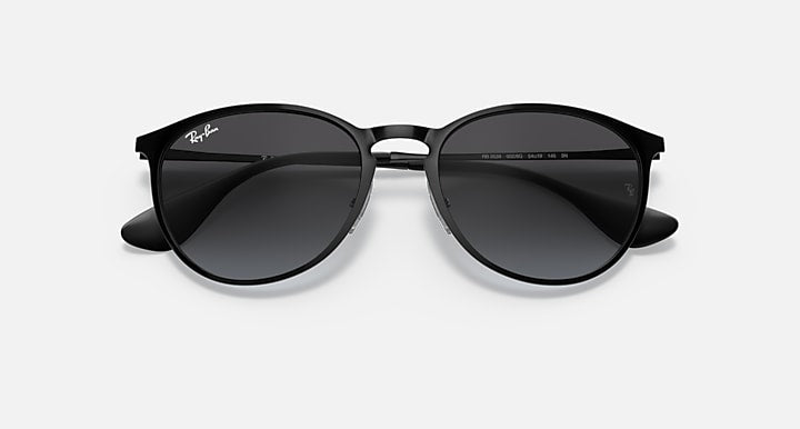 Ray-Ban Erika metal sunglasses with black lenses and black frame, top-down view