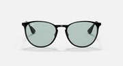 Black metal round sunglasses with light greenish tinted lenses and side logo