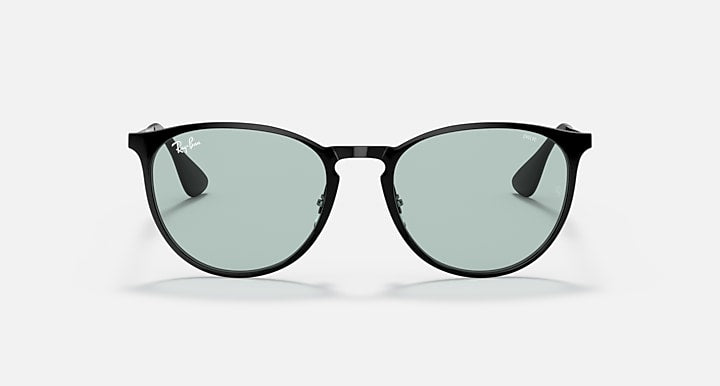 Black metal round sunglasses with light greenish tinted lenses and side logo