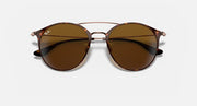 Round sunglasses with glossy brown lenses and tortoise-look temples