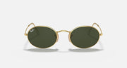 Gold round sunglasses with dark green lenses, front view, Ray-Ban logo detail