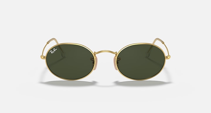 Gold round sunglasses with dark green lenses, front view, Ray-Ban logo detail