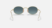 Gold round sunglasses with blue lenses and open bridge, front view