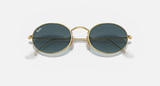Gold round sunglasses with dark blue lenses and metal bridge, front view