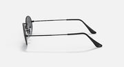 Ray-Ban round sunglasses with dark lenses and black metal frame, temple side view
