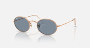 Ray-Ban round sunglasses with blue-gray lenses and rose gold metal frame, side view