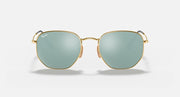 Hexagonal flat sunglasses with gold frame and light blue tinted lenses, front view