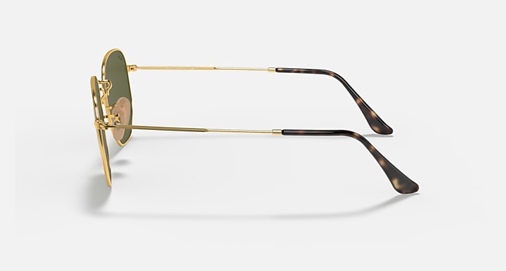 Hexagonal flat sunglasses with gold frame, dark tortoise temples, light blue tinted lenses