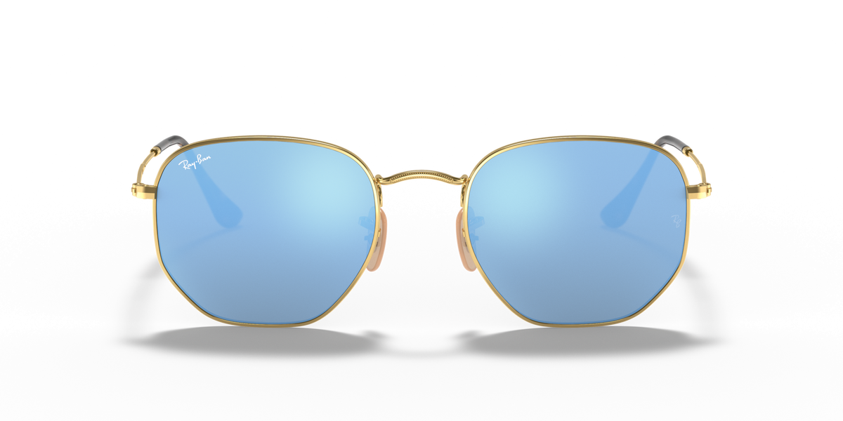 Ray-Ban hexagonal flat sunglasses, gold frame with light blue mirrored lenses