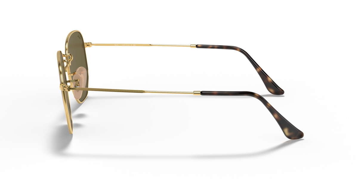 Ray-Ban hexagonal flat sunglasses side view: gold frame with black temple tips