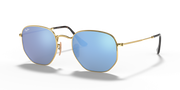 Ray-Ban hexagonal flat sunglasses with gold frame and blue tinted lenses