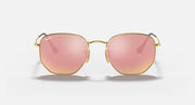 Ray-Ban hexagonal flat sunglasses with mirrored pink lenses and gold frame, front view