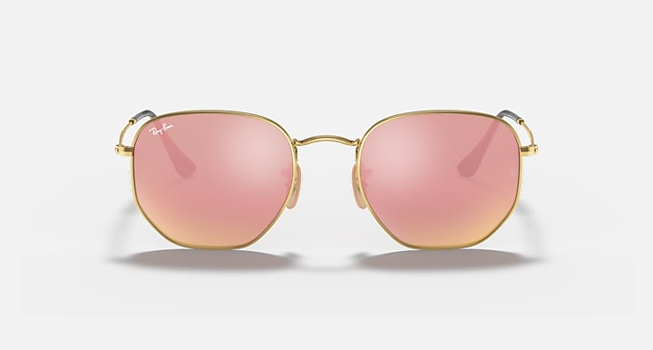 Ray-Ban hexagonal flat sunglasses with mirrored pink lenses and gold frame, front view