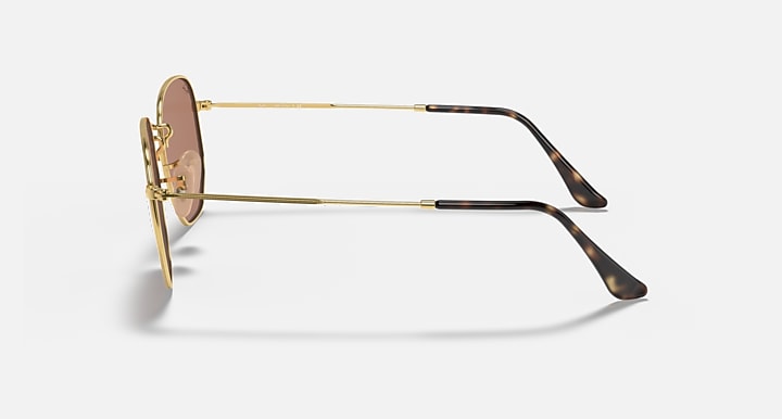 Ray-Ban hexagonal flat sunglasses side view with gold frame and tortoise-pattern temples