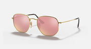 Ray-Ban hexagonal flat sunglasses with pink lenses and gold frame, black temple tips