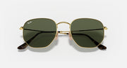 Hexagonal flat sunglasses with gold frame and dark green lenses, black temple accents