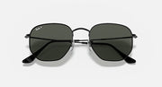 Ray-Ban hexagonal flat sunglasses with dark lenses and black frame, hinge detail
