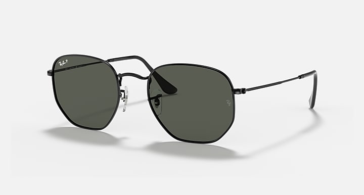 Ray-Ban hexagonal flat sunglasses with dark green lenses and black metal frame