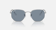 Silver hexagonal flat sunglasses front view with dark grey lenses and metal bridge