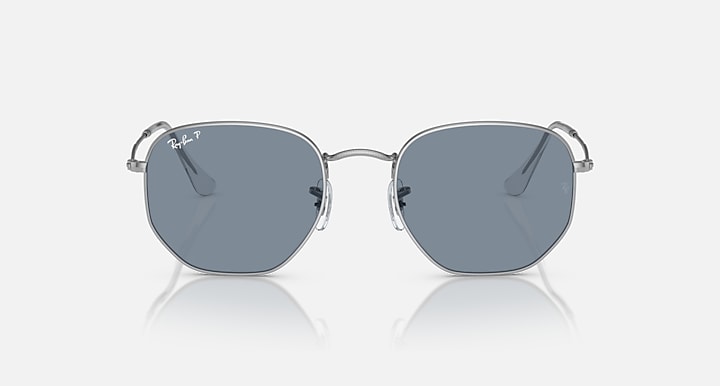 Silver hexagonal flat sunglasses front view with dark grey lenses and metal bridge