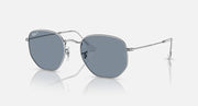 Silver hexagonal flat sunglasses with dark grey lenses and thin metal temples