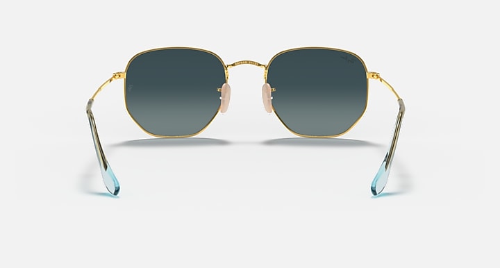 Ray-Ban hexagonal flat sunglasses with blue mirrored lenses and gold frame