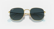Ray-Ban hexagonal flat sunglasses with blue mirrored lenses and gold metal frame