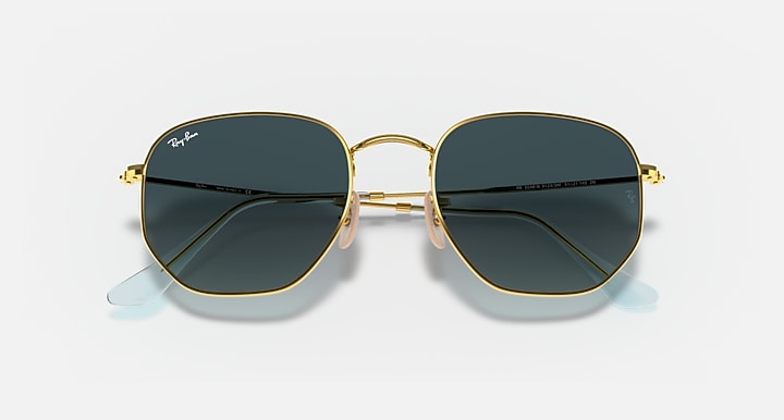 Ray-Ban hexagonal flat sunglasses with blue mirrored lenses and gold metal frame