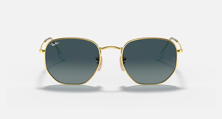 Ray-Ban hexagonal flat sunglasses with blue lenses and gold metal frame