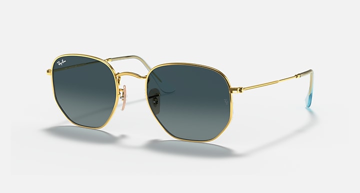 Ray-Ban hexagonal flat sunglasses with blue-green mirrored lenses and gold metal frame