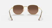 Hexagonal flat sunglasses with gold frame and brown lenses, center hinge detail
